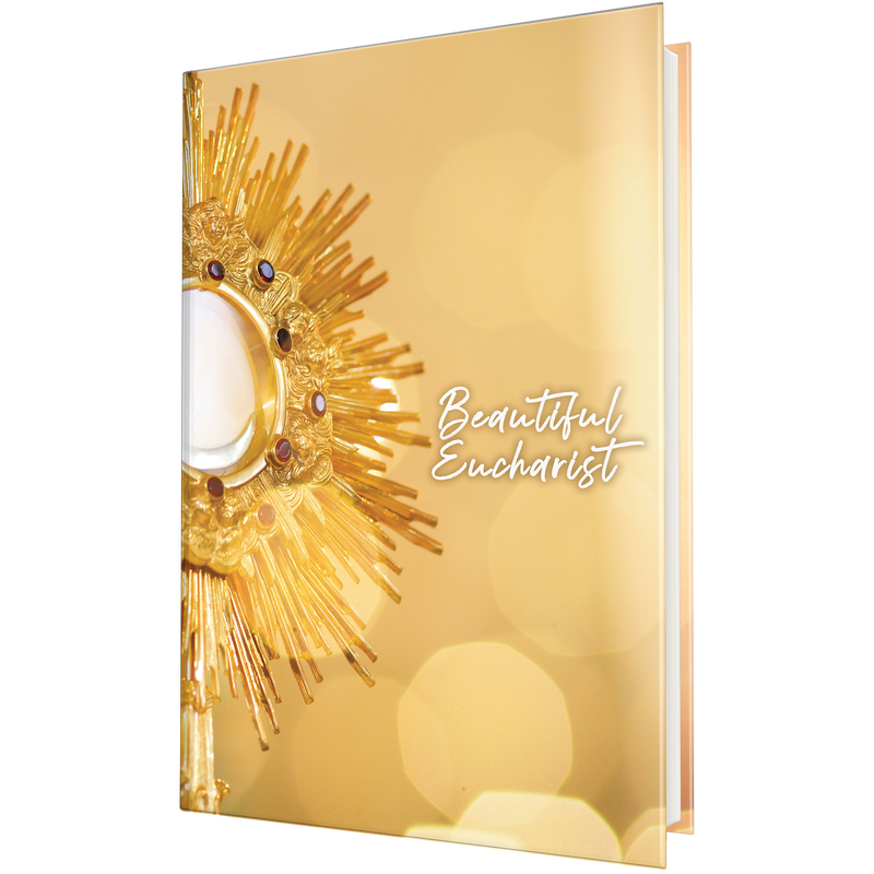 Book cover titled Beautiful Eucharist featuring a golden monstrance with a blurred golden background. image number 0