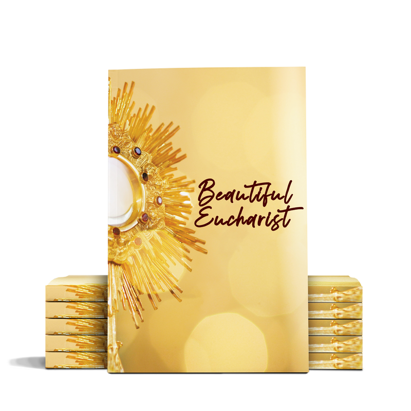 Stacked copies of a book titled Beautiful Eucharist, featuring a golden monstrance on the cover with a blurred golden background. image number 0