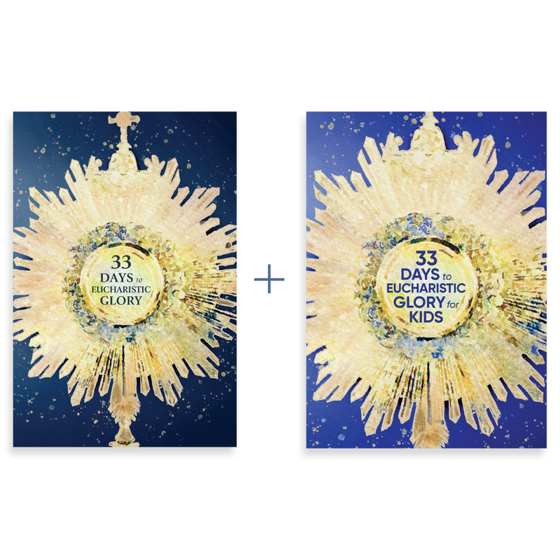 Two books: 33 Days to Eucharistic Glory and 33 Days to Eucharistic Glory for Kids, both featuring a golden monstrance on a blue background. image number 0