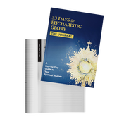 Book cover titled 33 Days to Eucharistic Glory: The Journal featuring a golden monstrance on a dark blue background. image number 1