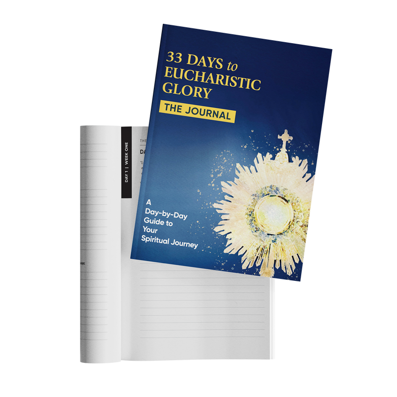 Book cover titled 33 Days to Eucharistic Glory: The Journal featuring a golden monstrance on a dark blue background. image number 1