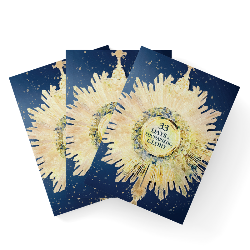 Stacked copies of a book titled 33 Days to Eucharistic Glory, featuring a golden monstrance on the cover with a blue background. image number 0