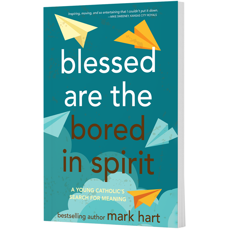 Book cover titled Blessed Are the Bored in Spirit by Mark Hart, featuring paper airplanes against a blue background. image number 0