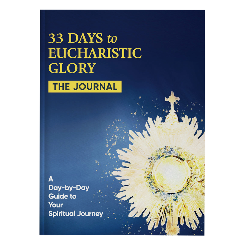 Book cover titled 33 Days to Eucharistic Glory: The Journal featuring a golden monstrance on a dark blue background. image number 0