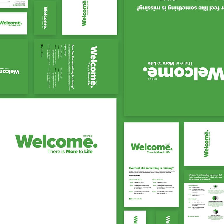 different pages with green and white ink from the welcome parish resources book lie next to each other at various angles and directions 