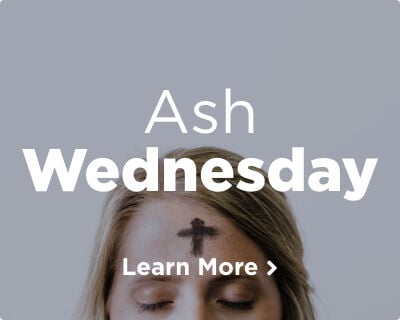 A woman's forehead, marked with an ash cross, symbolizing penance and the start of the Lenten season. Image links to Ash Wednesday page.