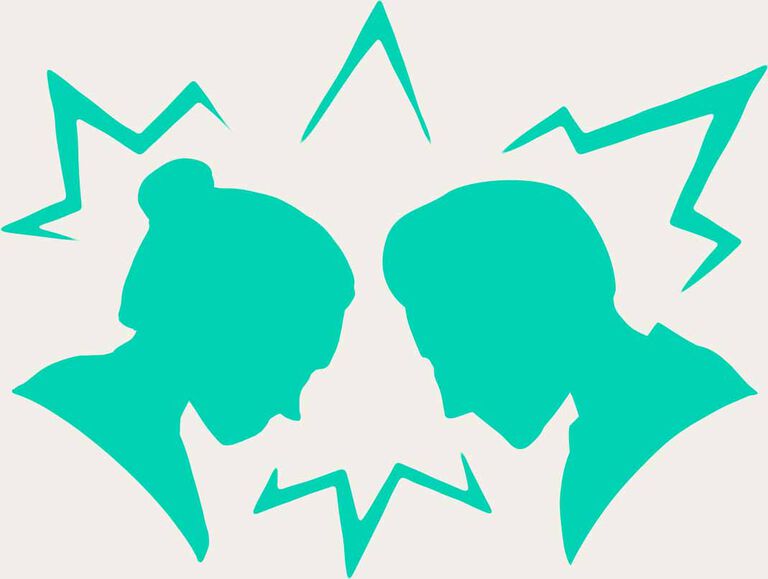 An emerald green icon shows the outline of a male and female head slanted down towards each other with spiky explosions surrounding them An emerald green icon shows the outline of a male and female head slanted down towards each other with spiky explosions surrounding them