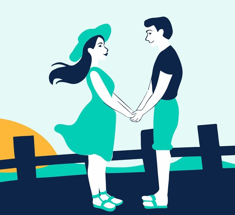 A female and male caricature stand hand in hand facing each other in front of a navy blue fence 