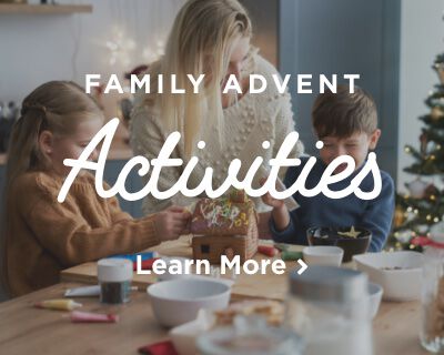 A mother, son, and daughter decorating a gingerbread house together. They sit around a table covered with candies and gingerbread pieces. Image links to Catholic Activities page.