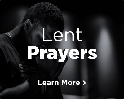 A man praying with his eyes closed, hands clasped, and head bowed reverently. Image links to prayers for Lent page. 