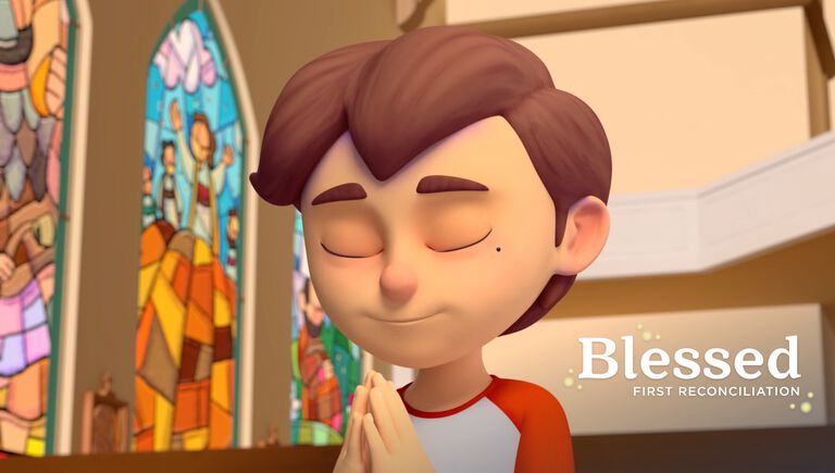 A mother and her daughter sit in their home reading their Blessed workbook to prepare for First Reconciliation A mother and her daughter sit in their home reading their Blessed workbook to prepare for First Reconciliation