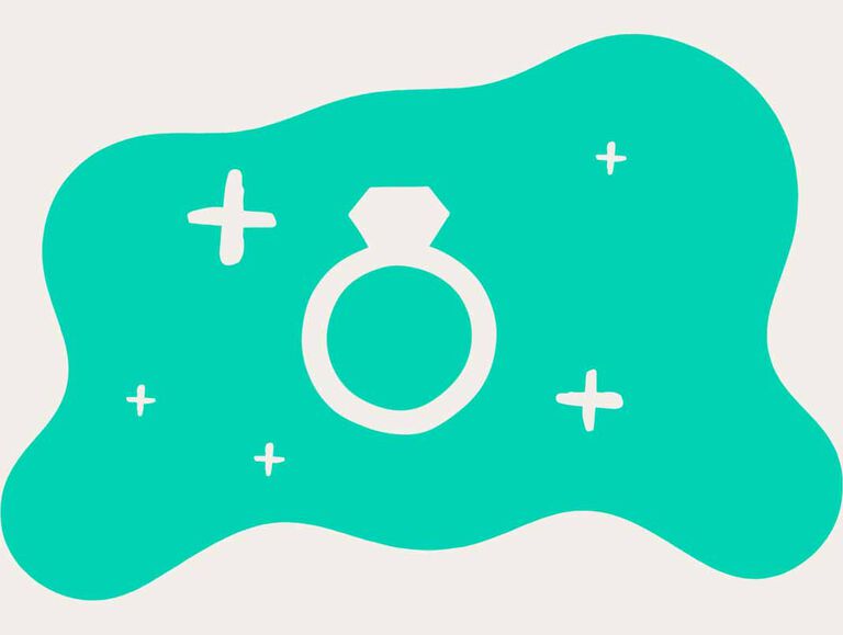 A white outline of an engagement ring is surrounded by white sparkles against an emerald green background A white outline of an engagement ring is surrounded by white sparkles against an emerald green background