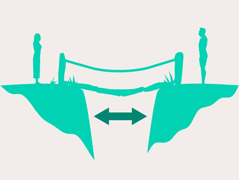 An emerald green icon shows two human figures standing across each other with a bridge in between them and a darker green double sided arrow sits below the bridge An emerald green icon shows two human figures standing across each other with a bridge in between them and a darker green double sided arrow sits below the bridge