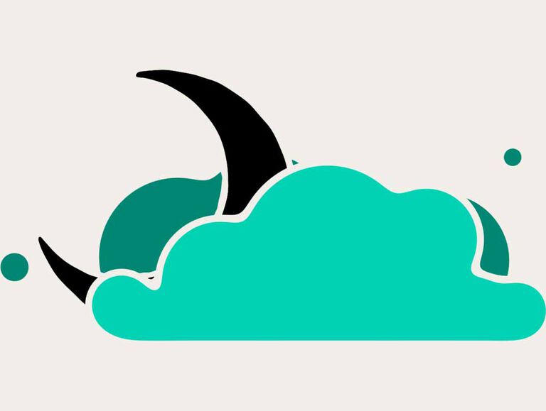 An emerald green cloud covers a black crescent moon on its far left