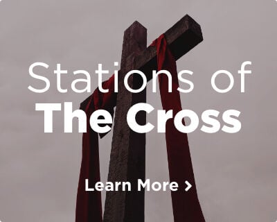 The cross of Jesus with a red cloth gently draping its arms. Learn about the Stations of the Cross. Image links to related page. 