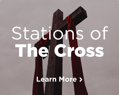 The cross of Jesus with a red cloth gently draping its arms. Learn about the Stations of the Cross. Image links to related page.